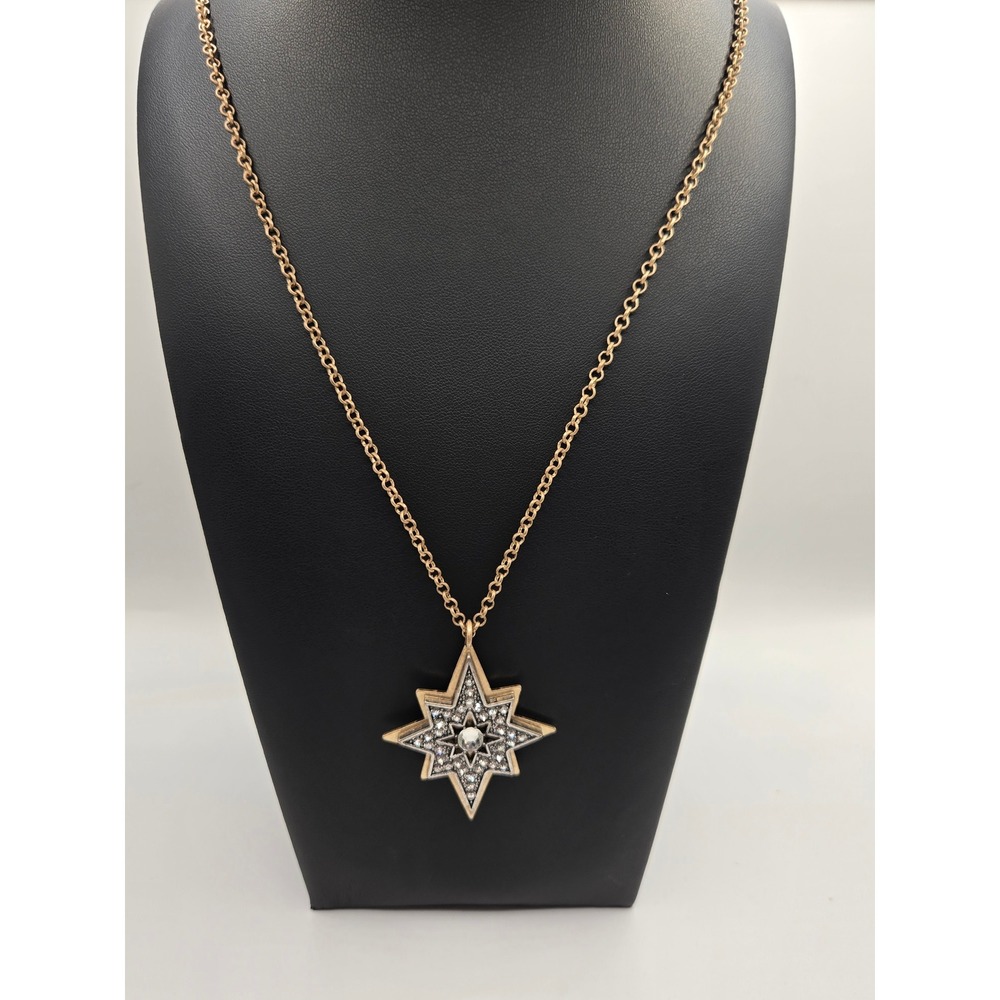 Gold Tone Starburst Pendant Necklace Celestial Pavé Crystal Eight Point Star